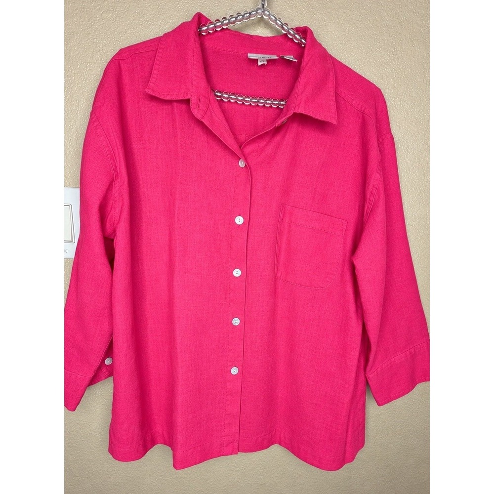 Chico's Design Vintage 100% Linen Shirt Size 3 XL Pink Button Down Coastal Boho